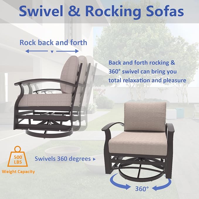 ALAULM Aluminum Patio Furniture Set with Propane Fire Pit Table 9-seat Metal Outdoor Furniture w/Swivel Chairs Patio Sectional Sofas w/2 Ottomans for Porch, Backyard, Poolside-Sand