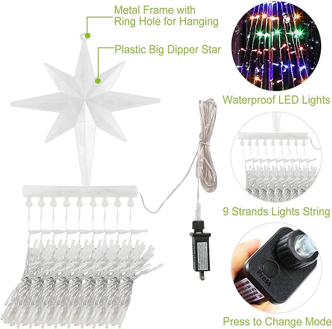 Christmas Decorations, Outdoor Christmas Lights, 320 LED Outdoor Christmas Tree String Lights with 12" Star Toppers [8 Modes& Waterproof] for Xmas New Year Holiday Decor (Dipper Multicolor)