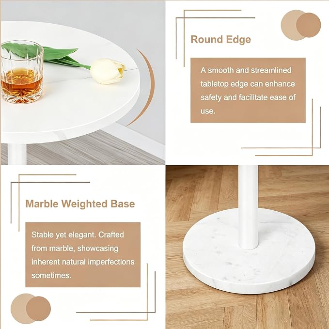 Small Drink Table Round White Side Table with Weighted Marble Base, Indoor Outdoor Pedestal Side Table for Small Spaces, Living Room, Bedroom, Sofa Couch, Office
