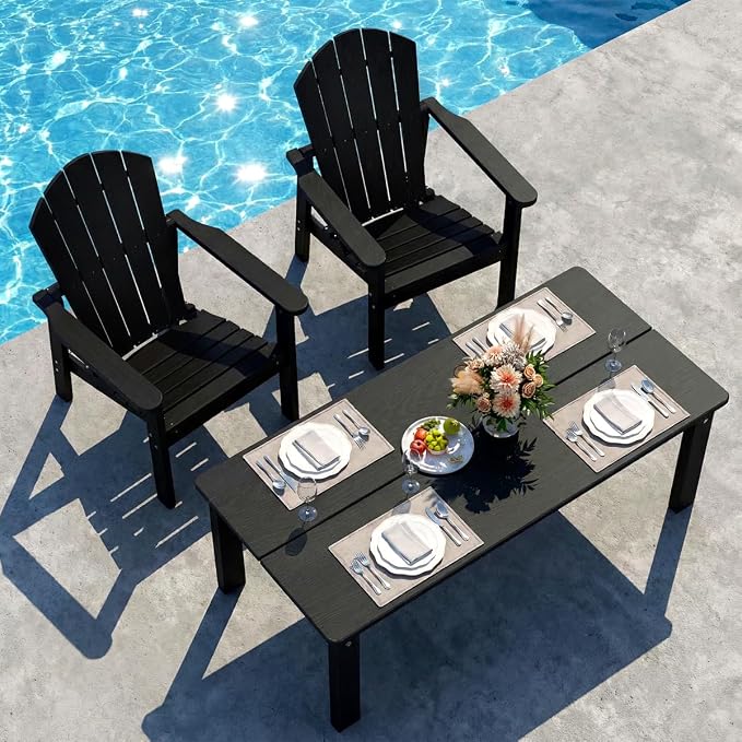 nevilywood 3-Piece HDPE Adirondack Chair Set, 2 Stackable Chairs Coffee Table, All-Weather Wood Grain, Patio Garden Backyard,Black