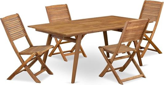 East West Furniture DEFM5CWNA 5 Piece Outdoor Patio Dining Sets Includes a Rectangle Acacia Wood Table and 4 Folding Side Chairs, 40x72 Inch, Natural Oil