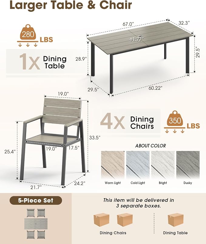 Outdoor Dining Set for 4, Aluminum Patio HDPS Outdooor Table and Chairs Set with Umbrella Hole, All Weather Patio Furniture Set, 5 Peice Patio Dining Table Set (Classic Gray)