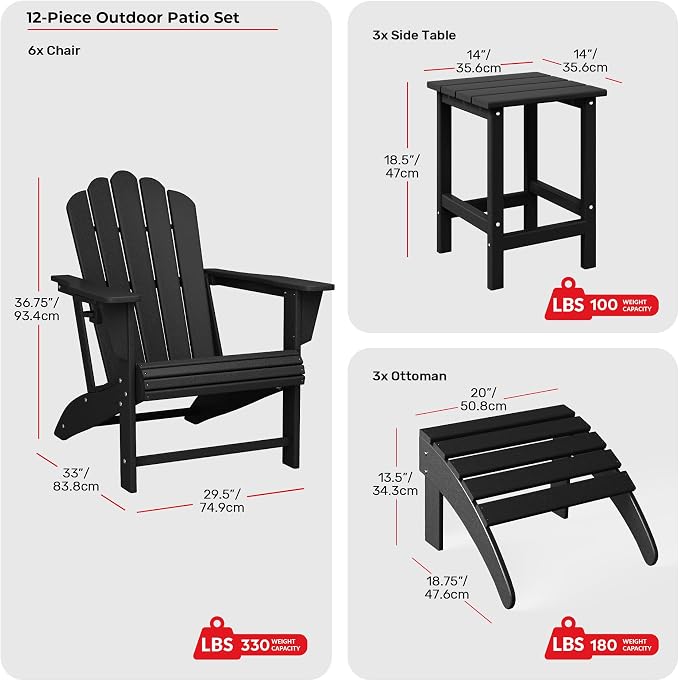 Costaelm Lakeview 12-Piece HDPE Outdoor Patio Furniture Adirondack Chair Conversation Table Set, Black