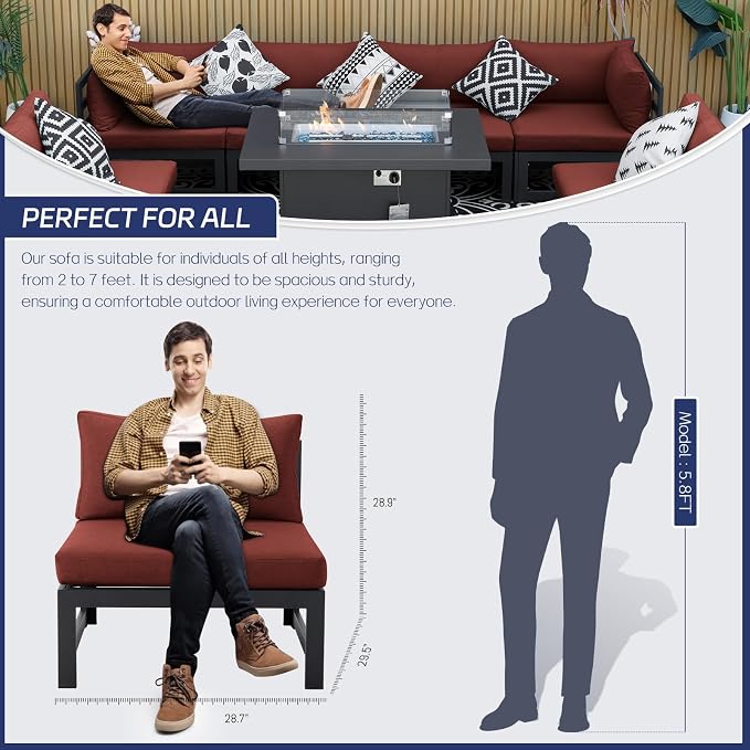 BULEXYARD 9 Piece High End Aluminum Patio Furniture Set with Fire Pit Table, 500 lbs Heavy Duty Outdoor Sectional Sofa, 29" Deep Wide Oversized Seat, L Shaped Conversation Couch for Exterior, Burgundy