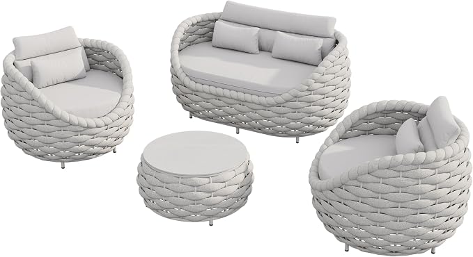 4Pcs Light Grey Wicker Patio Conversation Set, Handwoven Outdoor Indoor Sofa with Loveseat, 2 Single Chairs & Coffee Table, Weather Resistant Furniture for Backyard Garden Deck