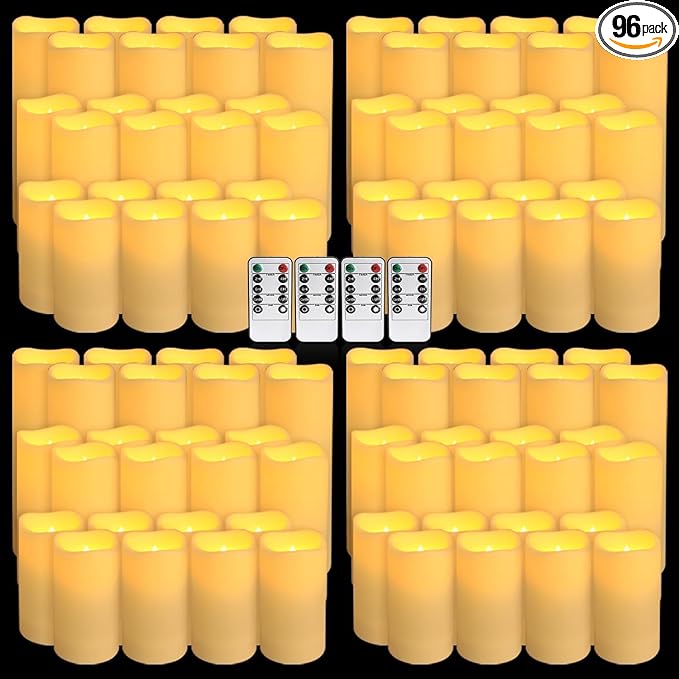 YOROXRG Set of 96 Waterproof Outdoor Flameless Candles, LED Candles with 4 Remote and Timer,(H 4" 5" 6" x D 2.2"),for Halloween Wedding Festival
