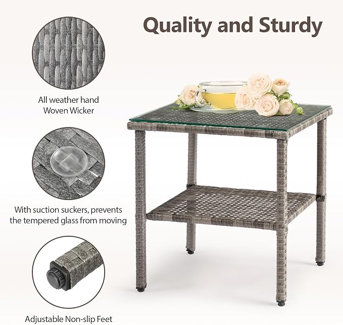 Outdoor Wicker Side Table,2-Layer Patio Rattan Garden Coffee End Square Table with Glass Top (Grey)
