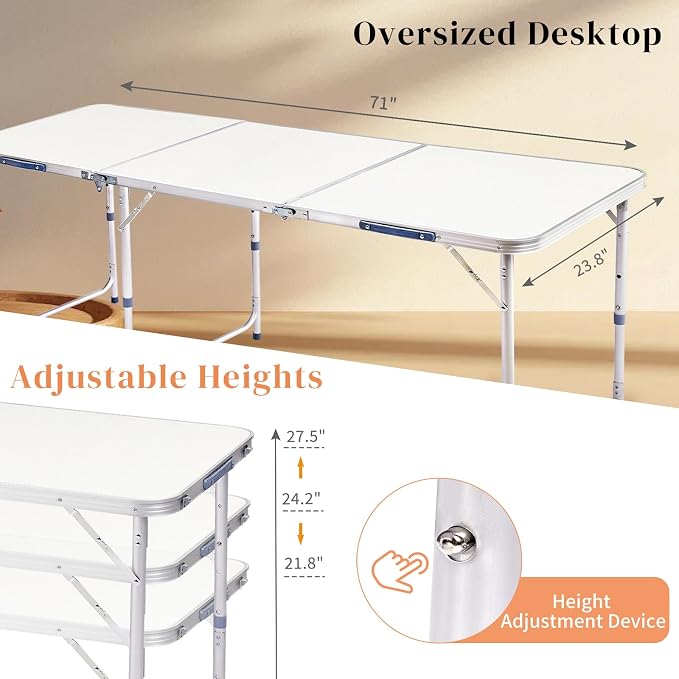 6 Ft Folding Portable Camping Table, Tri-fold Outdoor Picnic Table, Outdoor Camping Kitchen, BBQ, Picnic, Cooking, Beach, Garden, Party (White)
