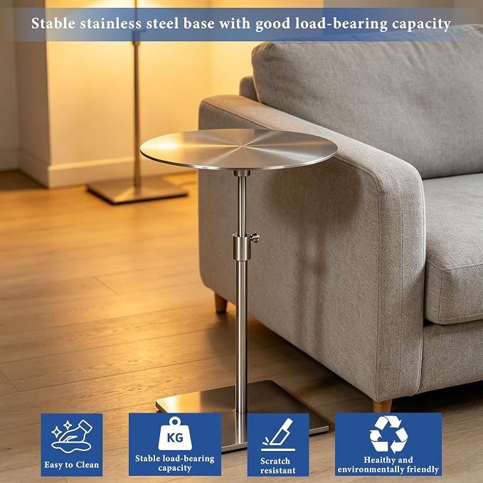 Stainless Steel Round Dining Table - Metal Breakfast Bar & Coffee Side Table for Cafes, Restaurants, Outdoor Patios - 35cm Diameter Silver Side Tables
