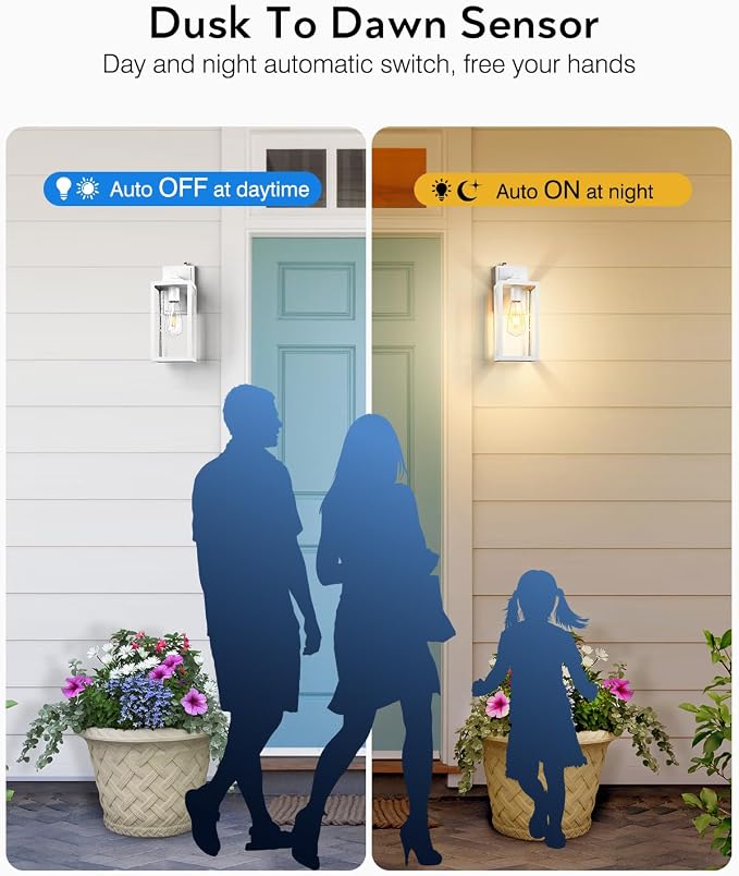 VIANIS 2 Pack Large Outdoor Wall Sconce, White Porch Lights Outdoor Light Fixture for House, Modern Exterior Lighting Wall Mount for Front Door Patio, Anti-Rust Dusk Dawn Outside Garage Lights Lantern