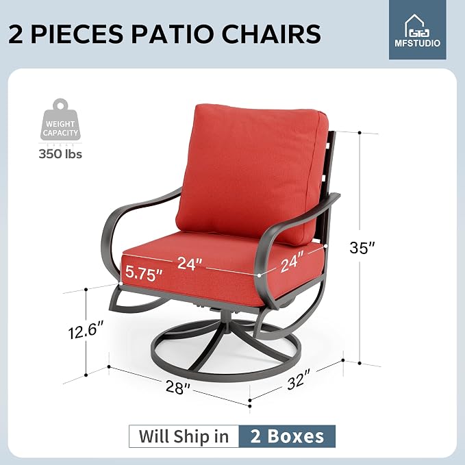 MFSTUDIO Metal Patio Conversation Sets, Outdoor Furniture Sofas Set of 2, 2 Pieces Durable Steel Frame Patio Swivel Chairs with 5.8" Burgundy Red Cushions for Patio Garden Backyard Balcony