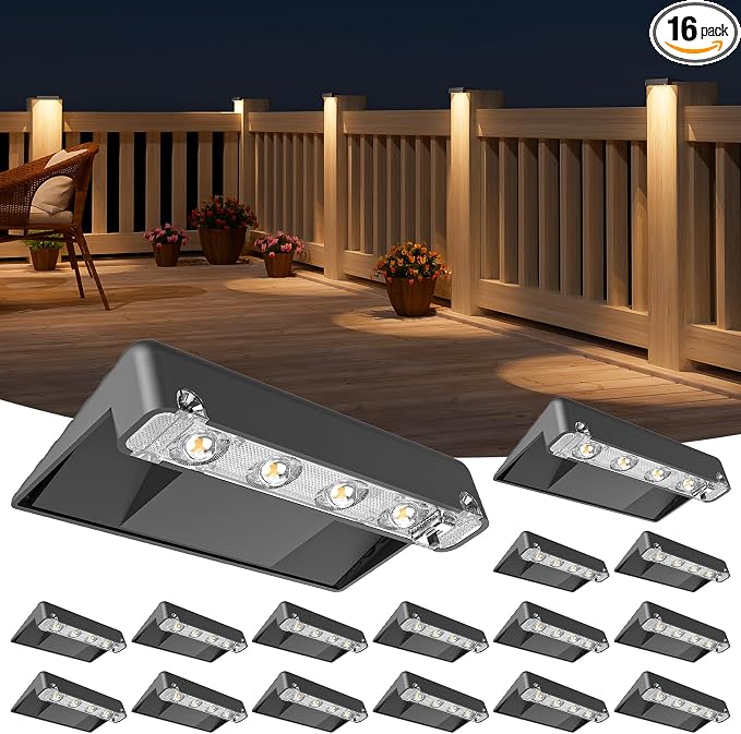 Solar Deck Lights Outdoor 16 Pack, IP65 Waterproof Large Size LED Stair Lights with Lenses, Auto ON Off Warm White Step Lights for Outside, Deck, Patio, Fence, Yard, Pathway and Railing Decor