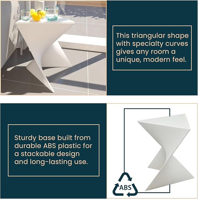 LeisureMod 15.75" Triangular Side Table, Stackable Plastic Accent End Table for Indoor & Outdoor Use, Weather-Resistant Modern Patio & Living Room Table, White