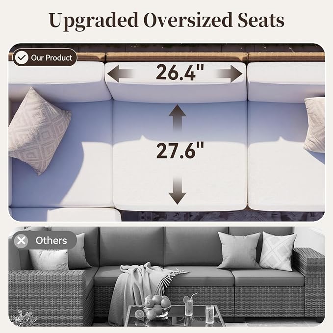 LazySunsets Patio Furniture Set, Wicker Outdoor Sectional Sofa with 10'' Ultra-Thick Cushions & Ottomans, All-Weather Rattan Conversation Set for Backyard Poolside, Yellow/Beige 8 Pieces