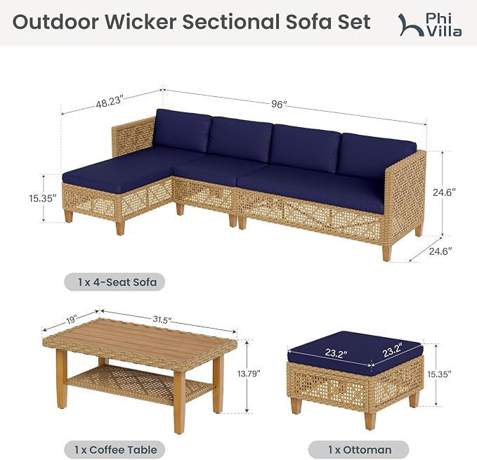 PHI VILLA Wicker Patio Furniture Set, Rattan Patio Sectional Sofa Outdoor Couch Set with Acacia Wood Coffee Table, 7 Pieces U-Shaped Patio Conversation Set for Backyard Porch, Navy Blue Cushion