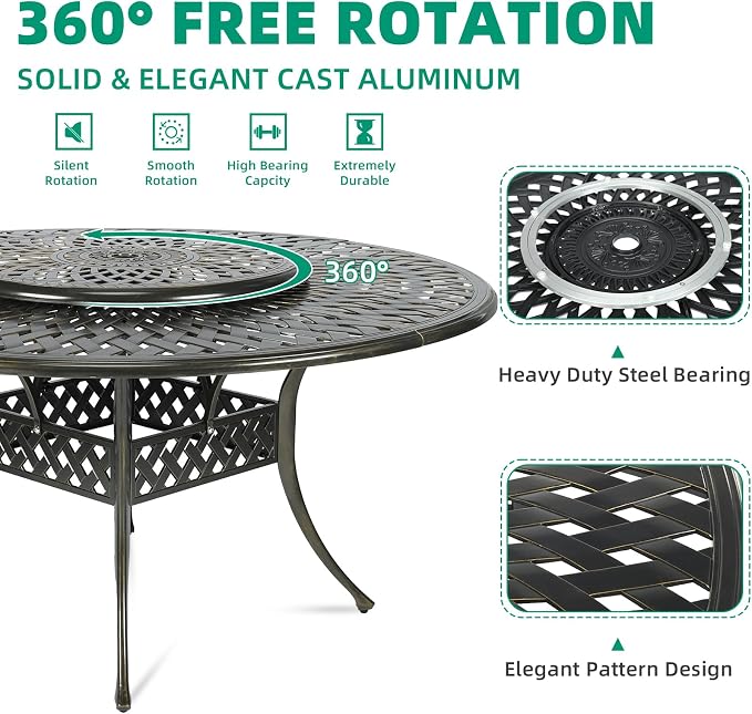 VIVIJASON 9-Piece Outdoor Furniture Dining Set, Rust-Free Cast Aluminum Patio Conversation Set, Include 8 Swivel Dining Chairs & 61" Round Dining Table with 31" Lazy Susan, Umbrella Hole, Red