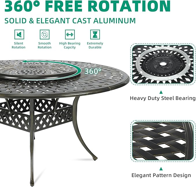 VIVIJASON 9-Piece Patio Dining Set, Rust-Free Cast Aluminum Outdoor Conversation Set, Includes 8 Swivel Dining Chairs & 61" Round Dining Table with 31" Lazy Susan, Umbrella Hole, Navy Blue