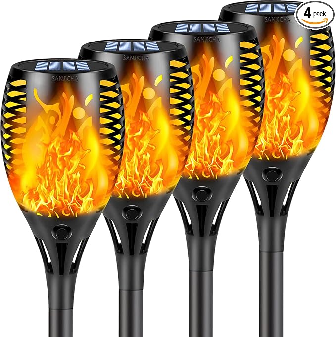 Solar Torch Lights with Flickering Flame Larger Size Solar Flame Lights | 4 Pack Upgraded Solar Lights Outdoor for Halloween Decor, Waterproof Solar Tiki Torches Outdoor for Garden Yard Pathway Patio