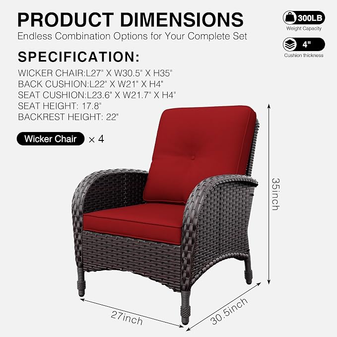 Joyside Wicker Patio Chairs, 4 Piece Rattan Outdoor Furniture with Thickened Cushions, High Back, Deep Seating, Wide Armrest, Outdoor Chairs for Porch, Deck