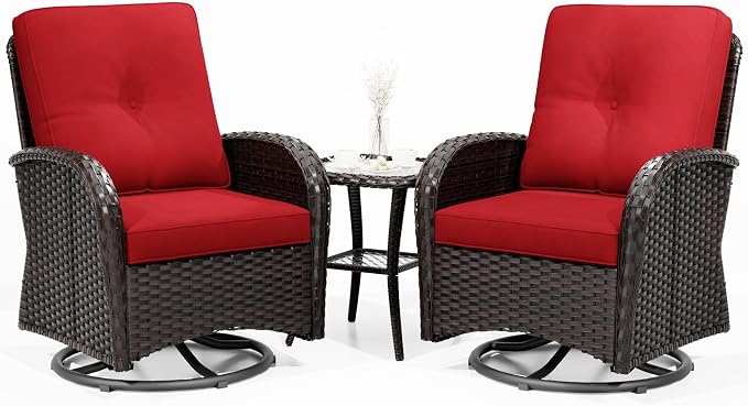Joyside Outdoor Swivel Rocker Chairs, 3 Piece Wicker Patio Set with Thickened Cushions, High Back, Deep Seating, Wide Armrest, Outdoor Swivel Chairs for Porch, Deck