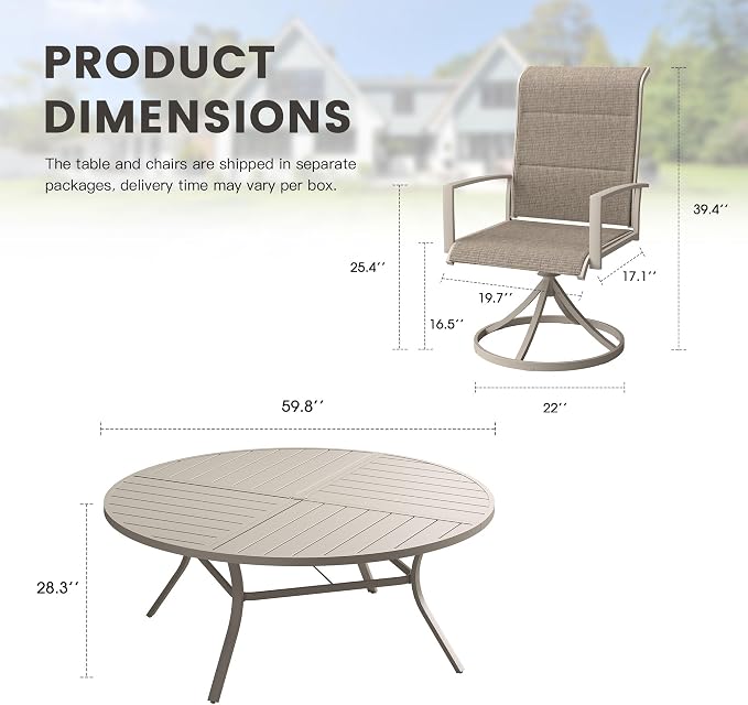 Outdoor Dining Set for 8, 60.1" Outdoor Dining Table with Umbrella Hole and Padded Textilene Patio Swivel Chairs, 9 Pieces Patio Table and Chairs Set for Garden Backyard, Sandshell