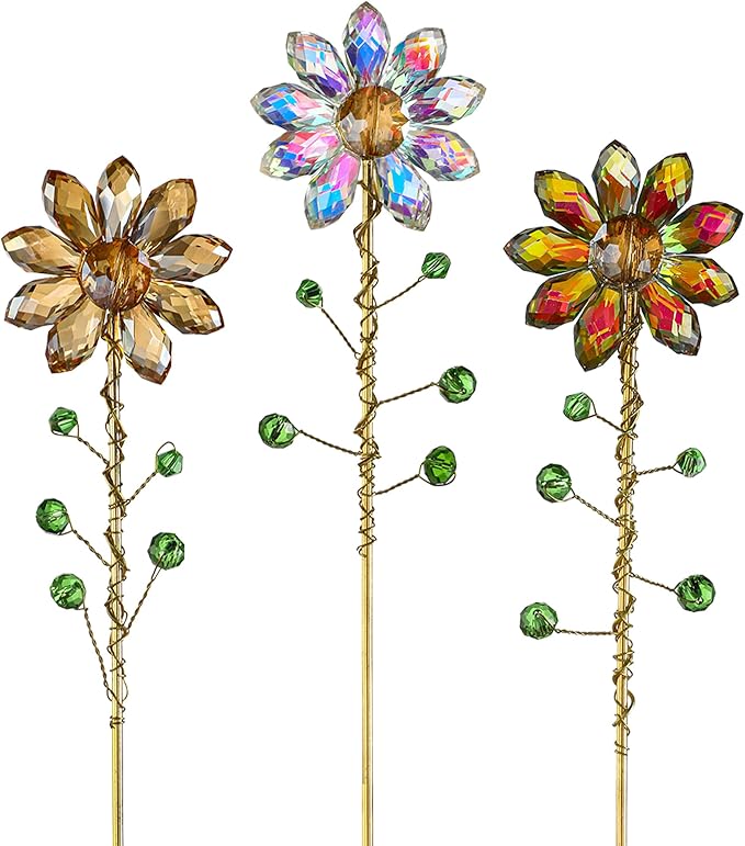 3Pcs Crystal Sunflower Suncatchers Glass Plant Suncatcher with Metal Stake