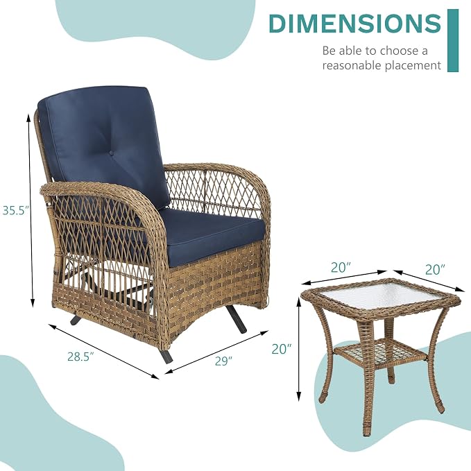 MEETWARM 3 Pieces Outdoor Patio Wicker Rocking Glider Set, Rocking Chairs Rattan Patio Furniture Sets with Glass-Top Coffee Table and Thickened Cushion, Conversation Bistro Set, Navy Blue