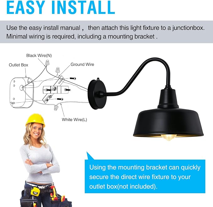 Gooseneck Barn Light, 11inch Dusk to Dawn Black Outdoor Wall Sconce | Weatherproof Steel Exterior Large Lighting Fixture, E26 Base, Easy DIY Install for Porch, Garage, Barn, Farmhouse(1 PC)