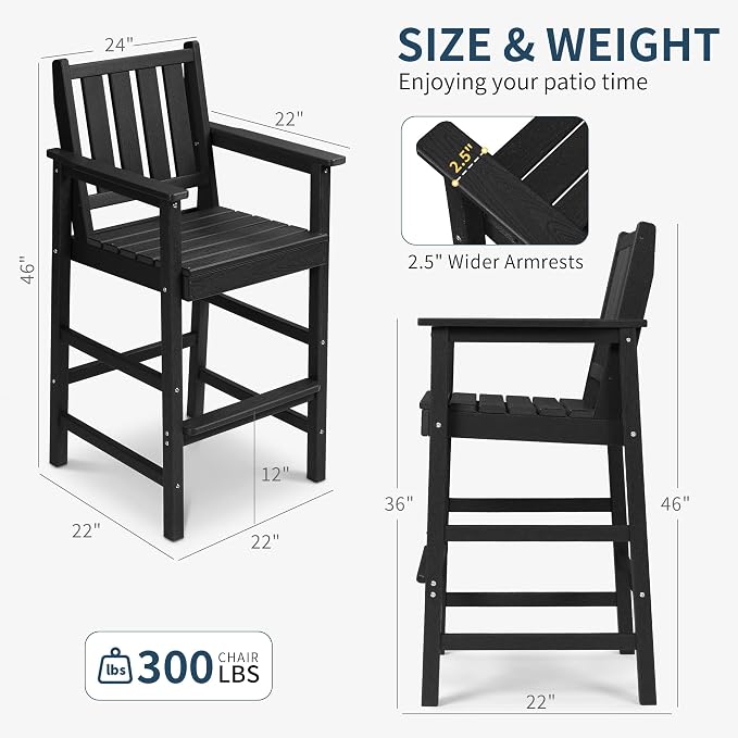 Adirondack Bar Chair Set of 2, All Weather HDPE Counter Height Bar Chair with Wide Armrests & Footrest, Heavy-Duty Outdoor Bar Height Barstools Set for Patio, Balcony, Pool, Backyard, Black