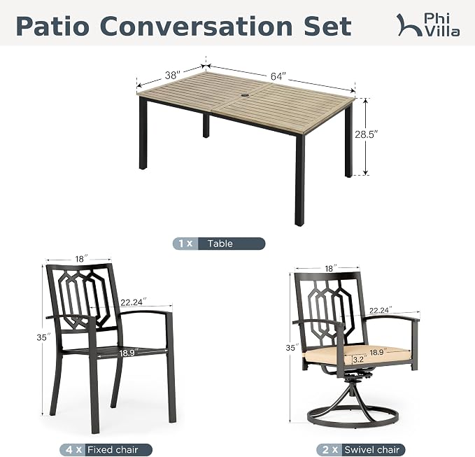 PHI VILLA 7 Pcs Outdoor Dining Set for 6,Metal Table& Fixed Swivel Chairs | Wood-Like Wrought Iron Table w/ Umbrella Hole,Modern Metal Furniture for Patio, Deck, Yard, Porch