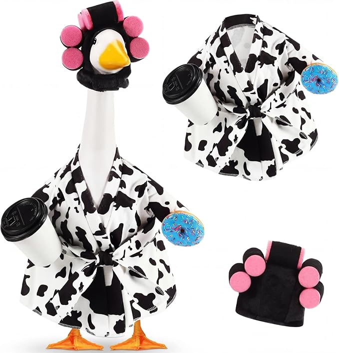 Shyyween Lady Porch Goose Outfit for 23'' Cement Plastic Lawn Goose Statue Clothes Cow Pattern Bathrobe Coffee Cup Curlers for Outdoor Garden Yard Patio Decoration