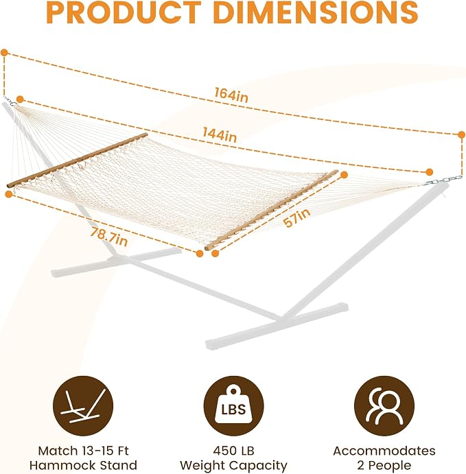 Lazy Daze Hammocks 12FT Double Rope Hammocks, 2 Person Hand Woven Cotton Hammock with Spreader Bar for Outside, Patio, Poolside, FIT 13-15 FT Stand, Max 450 Lbs, Natural, 141 x 57 inches