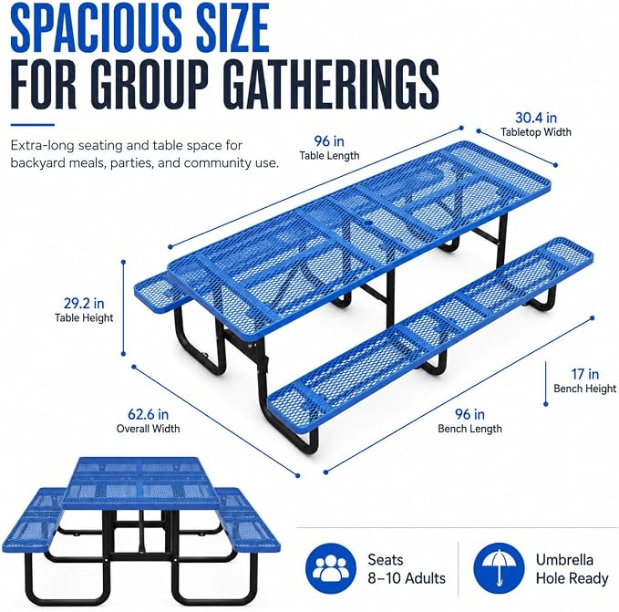 8FT Commercial Outdoor Metal Picnic Table with Umbrella Hole, Heavy-Duty Steel Patio Table & Benches, Seats 8-10 Adults, Weatherproof for Parks, Schools, Campgrounds & Backyards (Blue)