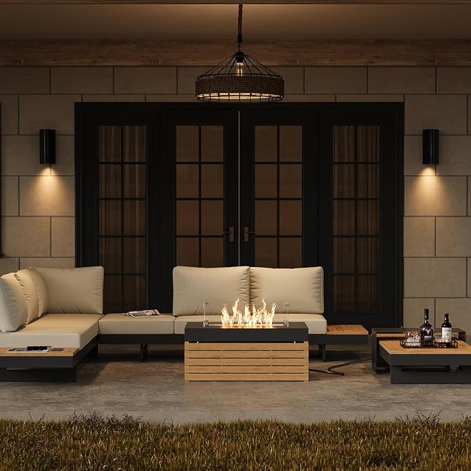 homary Patio Conversation Sets with Fire Pit, Modular Outdoor Sofa Aluminum & Teak Outdoor Sectional with Glass Wind Guard Ideal for Patios & Balconies, 6 Pepole, Beige