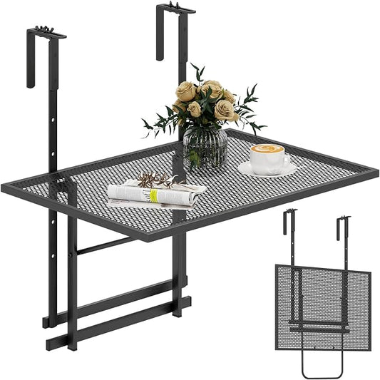 HAPPYGRILL Balcony Railing Table, Outdoor Folding Hanging Table with 5 Adjustable Heights, Heavy Duty Metal Hanging Bar Table for Patio, Garden and Deck