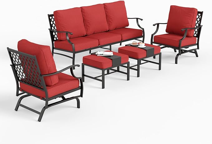 SUNSHINE VALLEY 7 Piece Metal Outdoor Patio Furniture Set, Patio Conversation Sets 3-Seater Sofa, 2 Rocking Chair, 2 Ottomans with 5.75" Thick Cushion, Black All-Weather Frame Backyard Furniture, Red