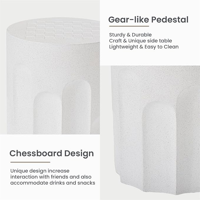 HOMPUS Outdoor Side Table with Checkeboard Grain Tabletop, Round Shaped MgO Lightweight Concrete End Tables, Modern Vintage Patio Accent Table for Indoor Outdoor Use, Spotted White