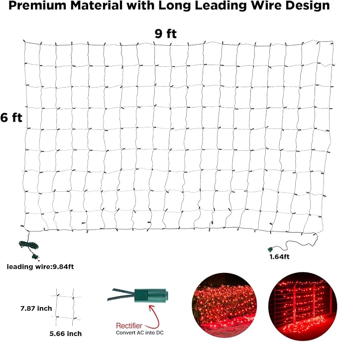Led Net Lights Christmas Lights Outdoor 200Leds 9ft x 6ft Upgraded Red Christmas Net Lighting, Waterproof 5mm LED Wide Angle Outdoor Indoor Mesh Net Light for Trees, Bushes, Shrubs Decorations