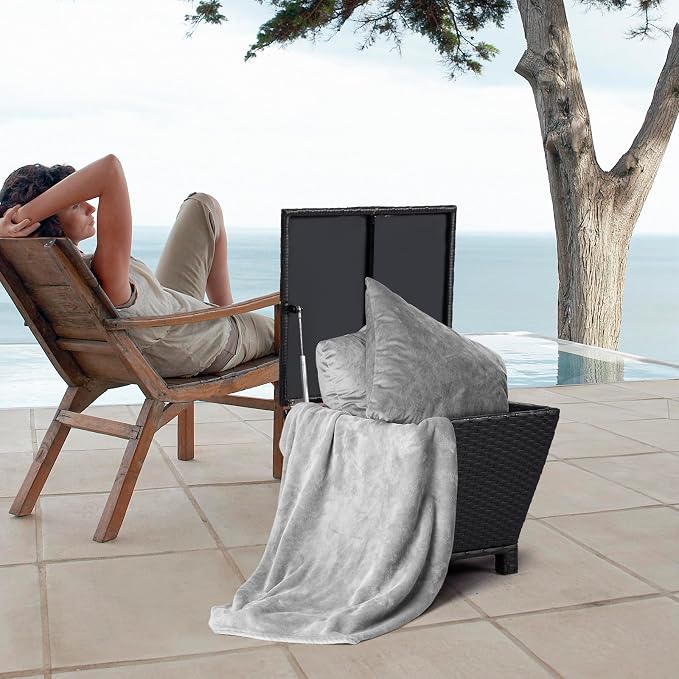 Outdoor PE Wicker Side Table with Storage, Small Patio Storage Bin Container for Hose Cushion Towel (Black)