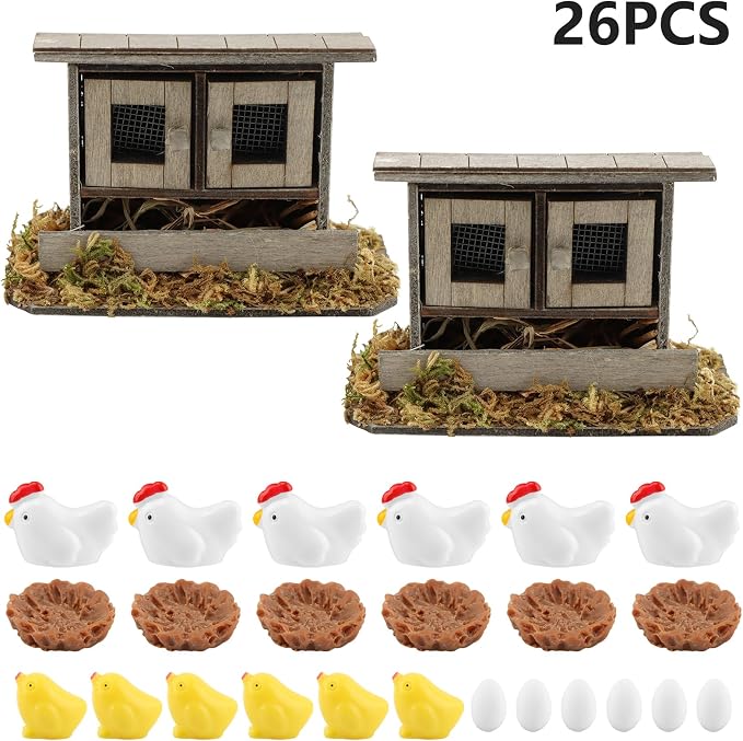 Fairy Garden Mini Chicken Coop Decor, 26-Piece Farm Scene Set | Includes 1 wood coop 3 hens 3 chicks 3 eggs 3 nests, doors open and close, store pieces together to avoid loss