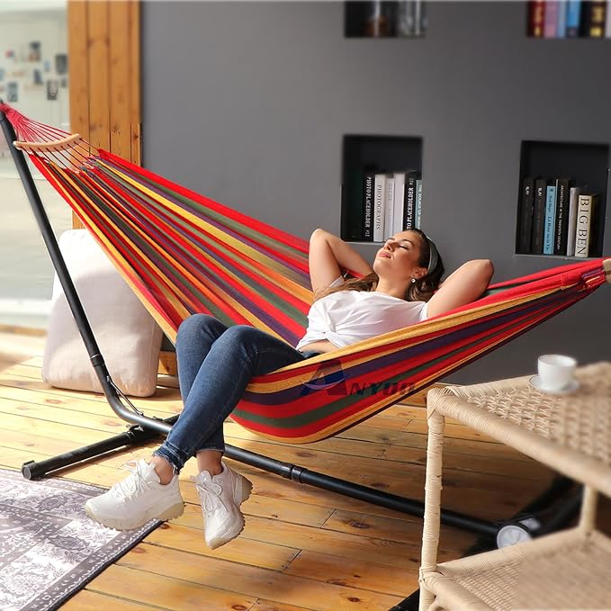 ANYOO Portable Camping Hammock Cotton Hammocks with Spreader Bar Outdoor | Sturdy Lightweight Hammocks Up to 450lbs with Carry Bag