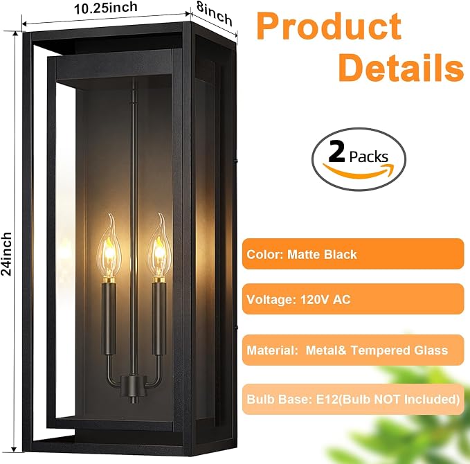 24" Outdoor Wall Lights, 2 Pack Large Size Matte Black Outdoor Sconce Lights with Clear Glass Shade, Waterproof Porch Lighting Exterior Light Fixture for Front Door, Garage