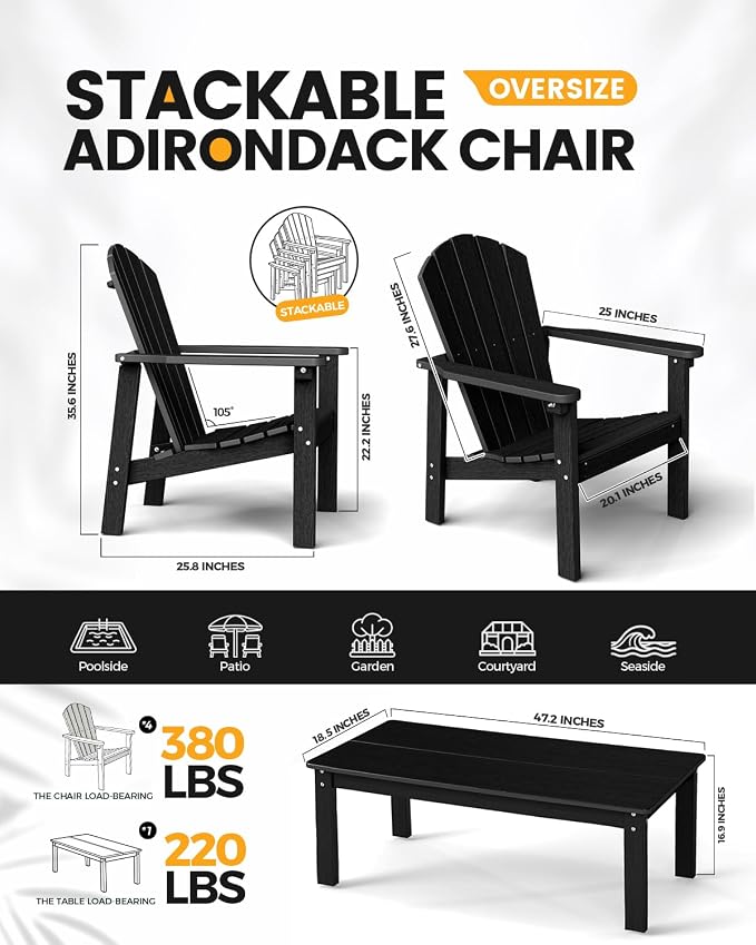 nevilywood 5-Piece HDPE Adirondack Chair Set, 4 Stackable Chairs Coffee Table, All-Weather Wood Grain, Patio Garden Backyard,Black