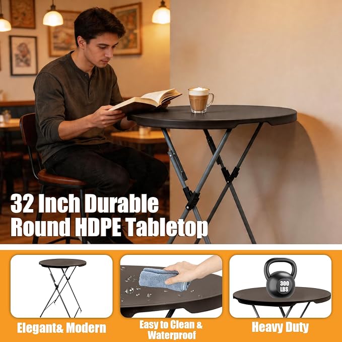 GUAGUA 32" Round Plastic Folding High Top Table - Versatile Bar, Cocktail & Portable Pub Table for Parties, Bistro & Events(Brown)