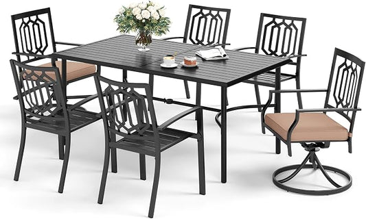 SUNSHINE VALLEY 7 Piece Patio Dining Set for 6, 67x38 Wood-Like Metal Table with Umbrella Hole and 6 Pcs Rust-Proof Stackable Chairs, Outdoor Table and Chairs Set for Backyard Garden Deck (Style 5)