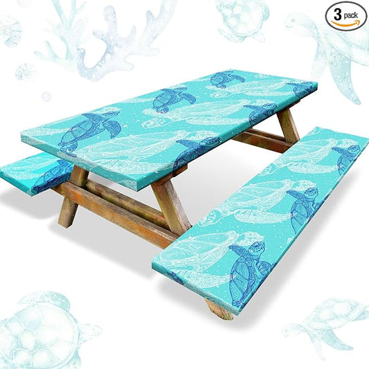 Boao 3 Pcs Vinyl Picnic Table Cover with Bench Cover 6 ft 30 x 72 Inch Waterproof Fitted Tablecloth Flannel Backing Rectangular Elastic Edged for Camping Outdoor Patio Travel(Turtle)