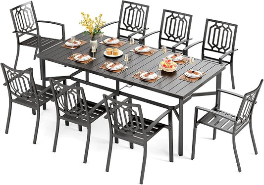 PHI VILLA 9 Pcs Outdoor Dining Set, 83" Steel Table w/Umbrella Hole | Rectangular Metal Table w/ Umbrella Hole & Stackable Wrought Iron Chairs,Patio Furniture for Patio, Deck, Yard, Porch