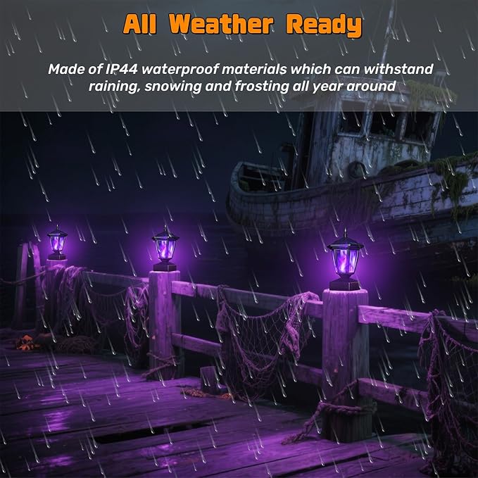 Dynaming Solar Flame Post Cap Lights Outdoor, Halloween Flickering Purple Flame Post Lights, Solar Powered LED Lantern Waterproof for Garden Deck Fence Patio, Fit 4x4, 5x5 or 6x6 Wooden Posts, 4 Pack