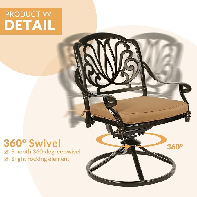 7-Piece Outdoor Patio Dining Set, 60” Rectangular Cast Aluminum Dining Table with Umbrella Hole and 4 Stationary, 2 Swivel Rocker Chairs, 6 Cushioned, Backyard, Patio, Garden