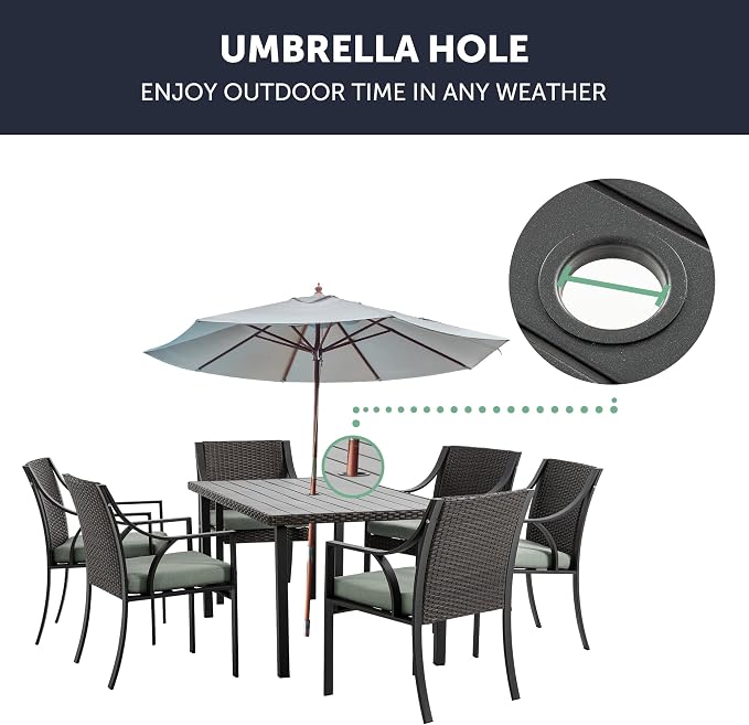 HAPPATIO Patio-Dining-Table-Outdoor-Furniture for 6, Patio Furniture Size 60 x 35 x 28.5, with Umbrella Hole Dia 2"